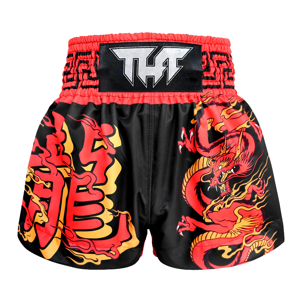 TUFF - Black with Red Chinese Dragon Thai Boxing Shorts - Extra Extra Small