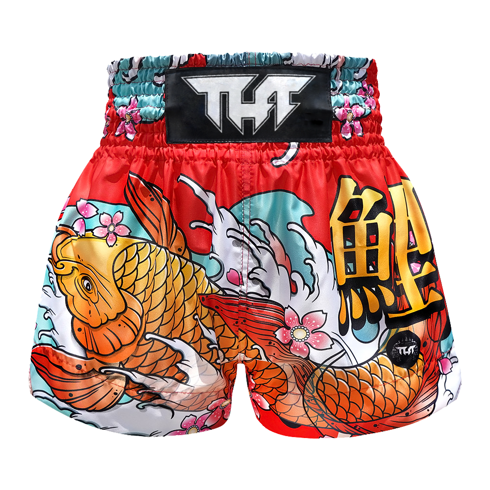 TUFF - Red Japanese Koi Fish Thai Boxing Shorts - Extra Extra Small