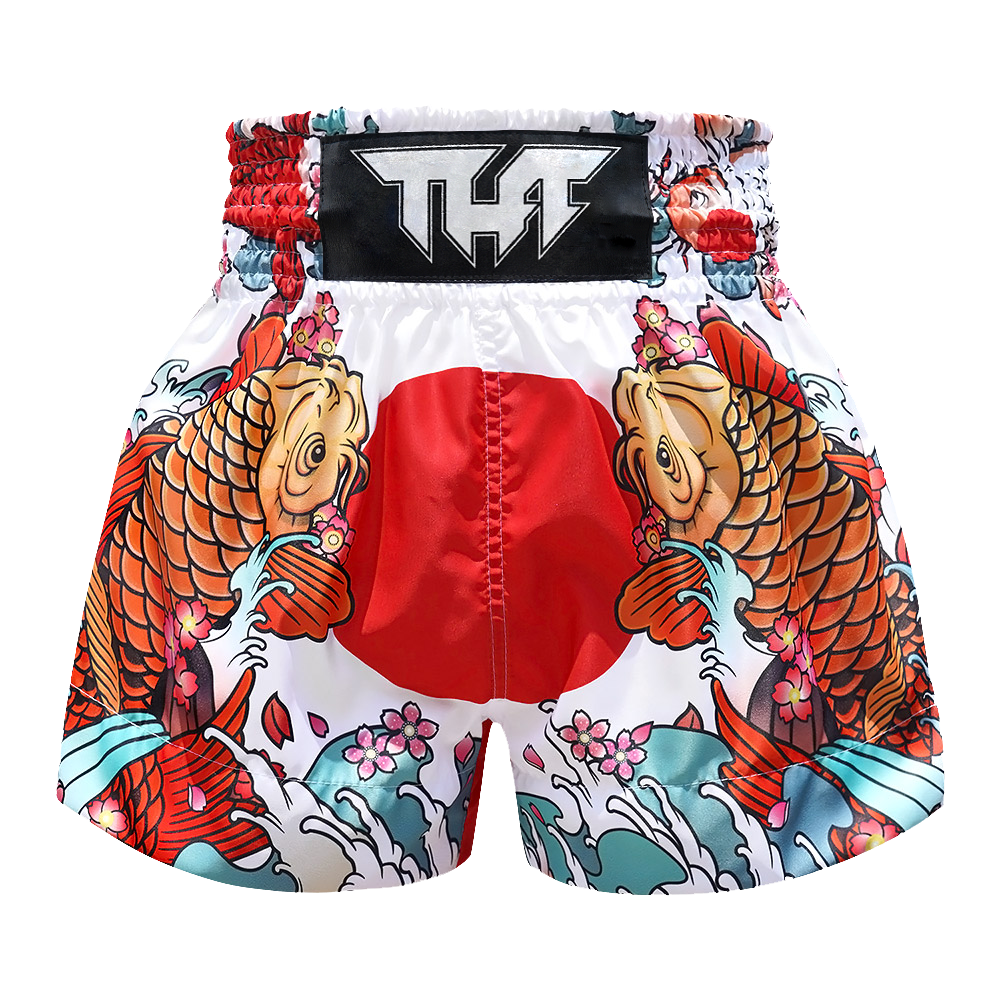 TUFF - White Japanese Koi Fish Thai Boxing Shorts - Extra Extra Small