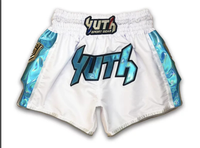 YUTH - Hologram Muay Thai Shorts - White/Blue - Extra Small