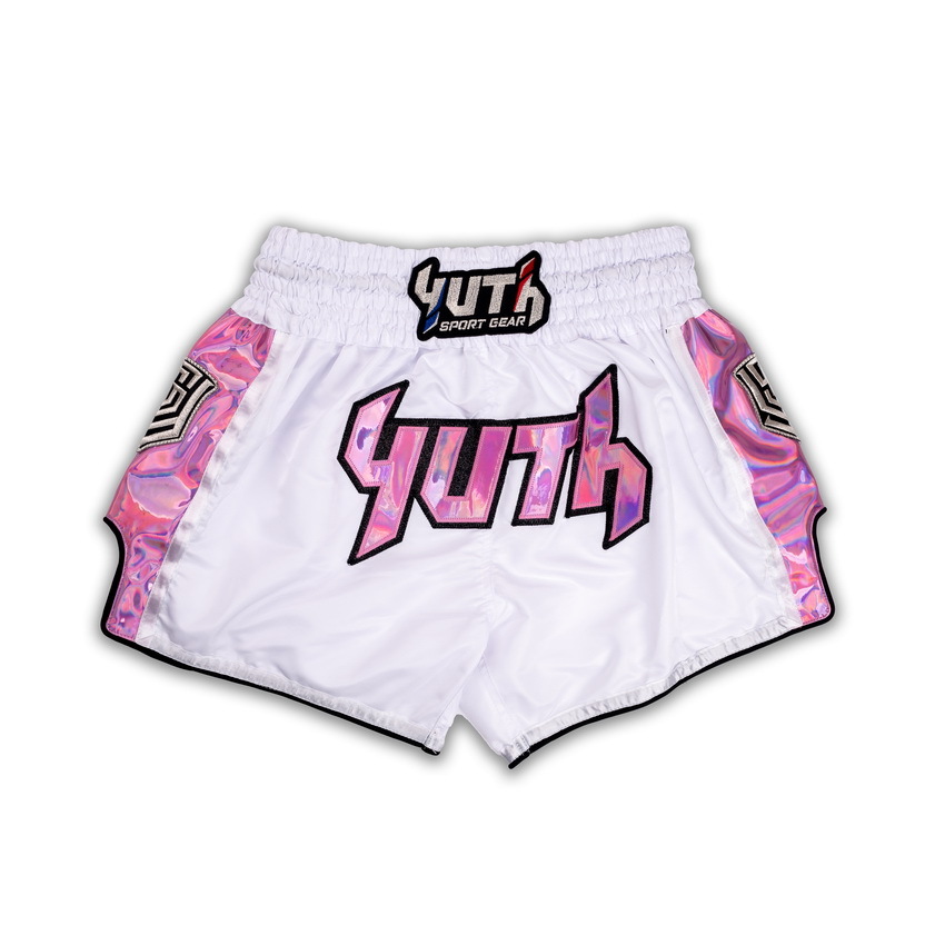 YUTH - Hologram Muay Thai Shorts - White/Pink - Extra Small
