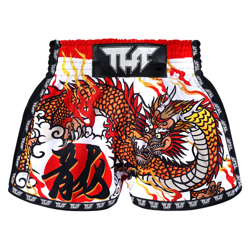 TUFF - White Chinese Dragon Retro Muay Thai Shorts - Small