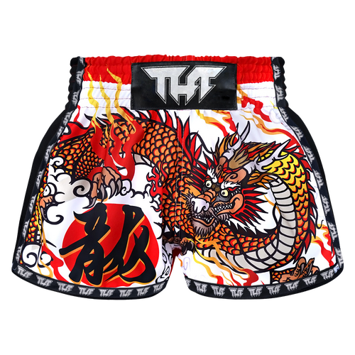 TUFF - White Chinese Dragon Retro Muay Thai Shorts - Small