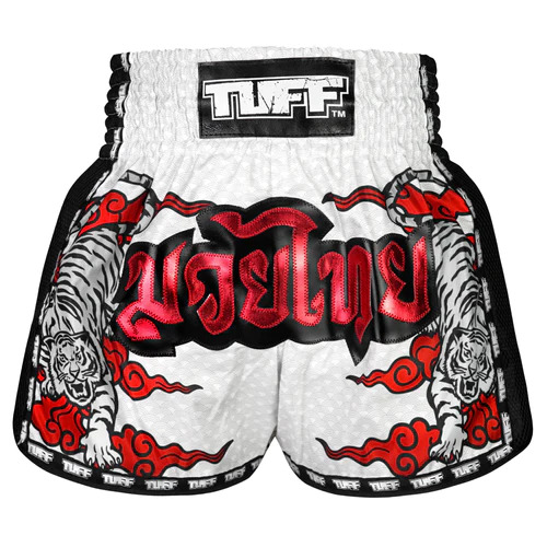TUFF - White Double Tiger Retro Muay Thai Shorts - Small