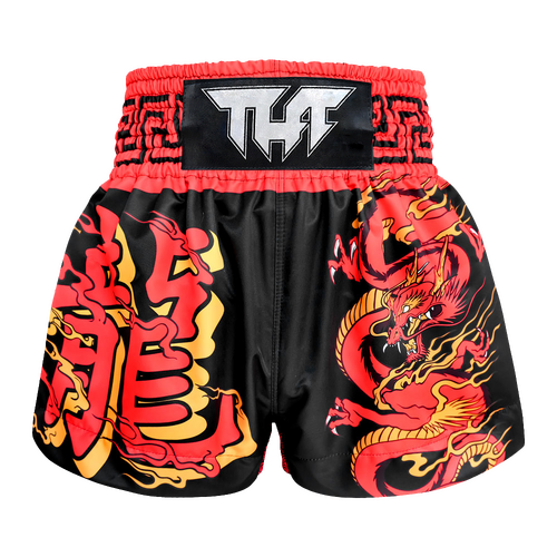 TUFF - Black with Red Chinese Dragon Thai Boxing Shorts - Small
