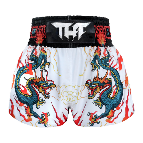 TUFF - White with Blue Chinese Dragon Thai Boxing Shorts - Extra Extra Small