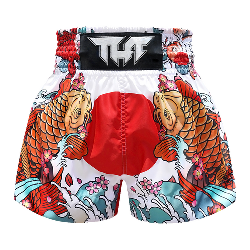 TUFF - White Japanese Koi Fish Thai Boxing Shorts - Small.  