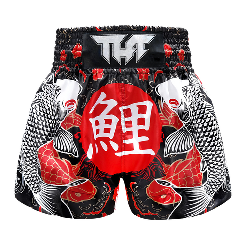 TUFF - Black Japanese Koi Fish Thai Boxing Shorts - Extra Extra Small