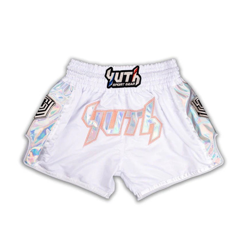 YUTH - Hologram Muay Thai Shorts - White/Silver/Orange - Extra Small